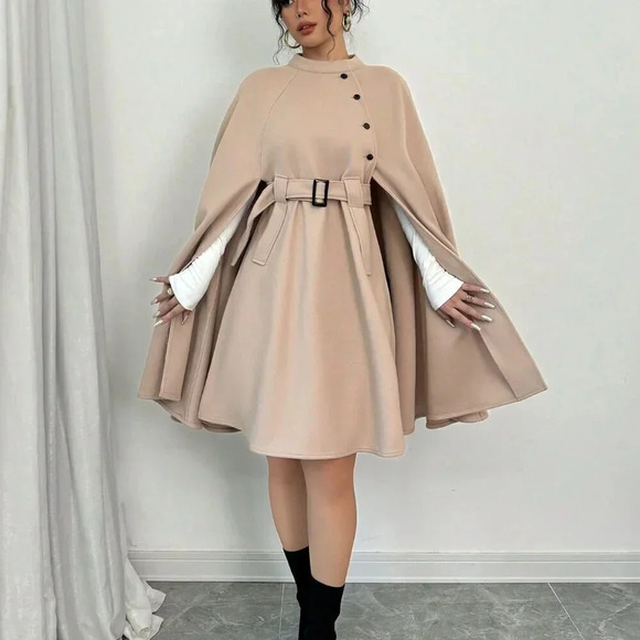 Khaki Elegant Women's Casual Cape Sleeve Button Decor Wool Blend Jacket - Picture 6 of 6